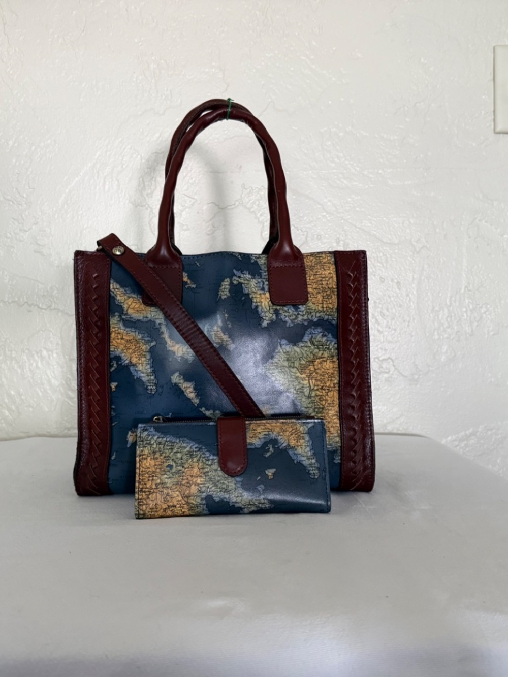 Patricia Nash Leather Map Print Satchel Crossbody + Matching Wallet Set